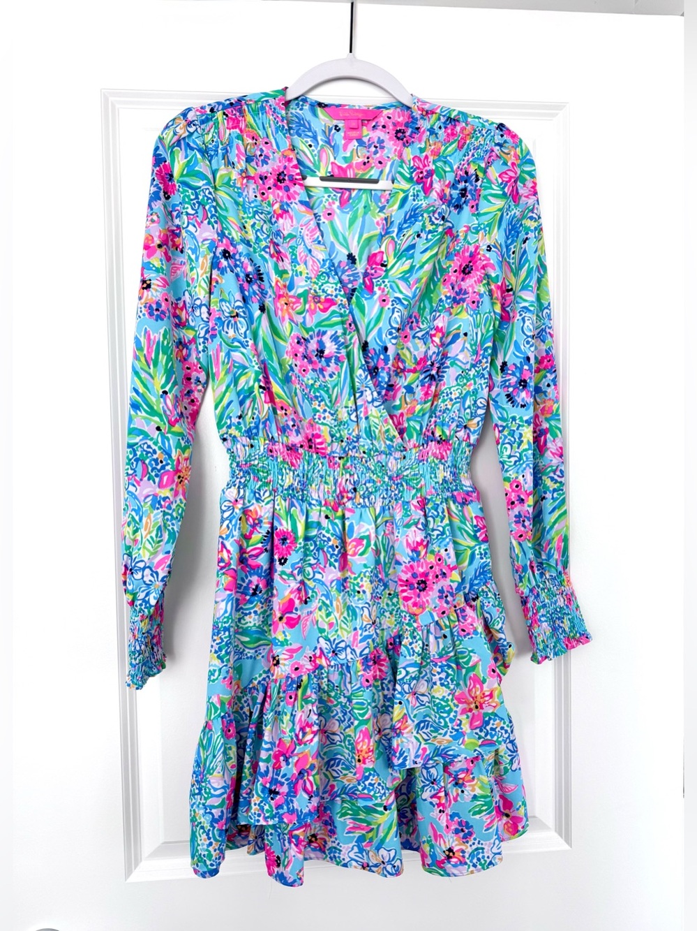Lilly Pulitzer Blue Pink Green Floral Long-Sleeve Wrap Dress Size 0